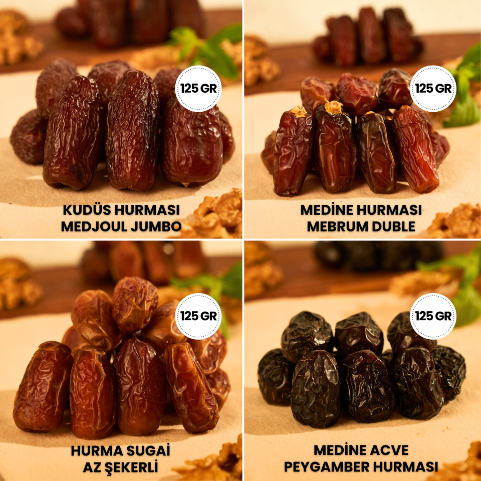 Derme 4lü Hurma Tadım Seti Medjoul,Mebrum, Sugai ve Acve (4 x 125 g Toplam 500 g) 500 Gram