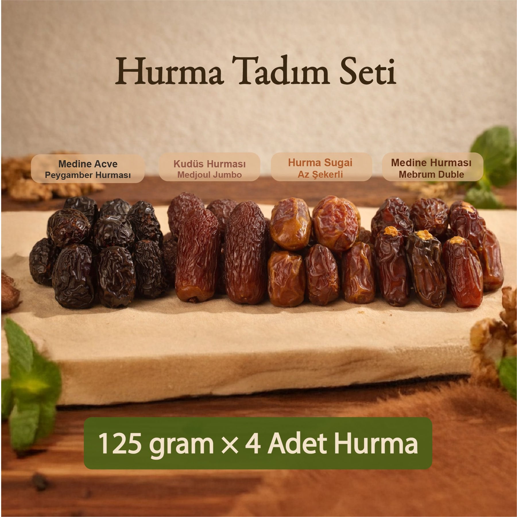 Derme 4lü Hurma Tadım Seti Medjoul,Mebrum, Sugai ve Acve (4 x 125 g Toplam 500 g) 500 Gram